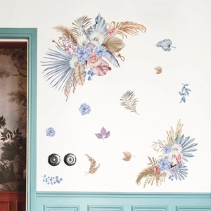 Detail of bohemian floral wall stickers with palm leaves in Morandi pastel tones