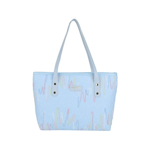 Light blue tote bag with colorful wavy stitching and branding on white background