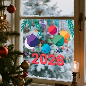 Adesivi statici 2026 con fiori palloncini e stelle per decorazione vetrate di Capodanno