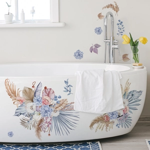 Bohemian floral wall decals on bathroom tiles with watercolor palm leaves and flowers