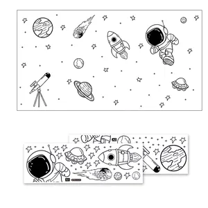 Adesivi murali spazio con astronauti e razzi in stile disegno blu per camera da letto