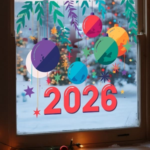 Dettaglio dell'adesivo statico per finestre 2026 con decorazioni e rami di pino