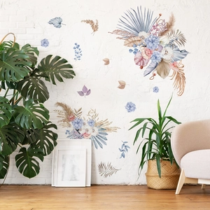 Bohemian floral wall stickers with palm leaves and flowers in a modern living room setting
