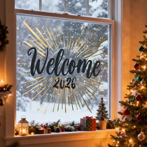 Festive Welcome 2026 window decal with gold fireworks detail on glass over snowy view