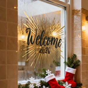 Close-up of Welcome 2026 festive window sticker with golden rays on a misty glass pane