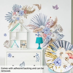 Detail of bohemian dry flower wall decals with adhesive backing on a white dresser
