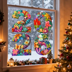 Detail of 2026 floral static window sticker with butterfly patterns for New Year decor