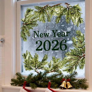 Dettaglio di vetrofanie elettrostatiche con rami di pino per Capodanno 2026
