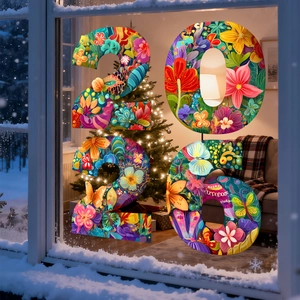 2026 Happy New Year Window Stickers PVC Static Floral Butterfly Decals Festive Glass Decoration For Home Shop Celebration