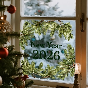 Dettaglio dell'adesivo per finestre Capodanno 2026 con ghirlanda di pini e sfondo innevato