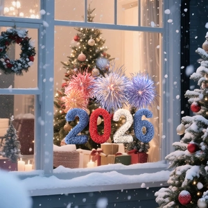 Macro shot of 2026 plush window stickers with festive fireworks and holiday textures