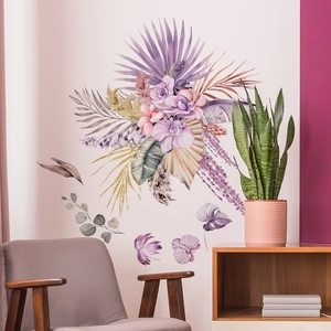 Detailed view of watercolor bohemian floral wall decals with orchid and palm leaf patterns