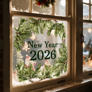 Dettaglio degli adesivi per finestre Capodanno 2026 con rami di pino e fiocchi di neve