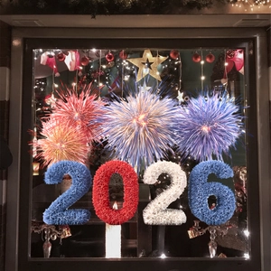 Textured 2026 New Year firework window stickers in red blue and white for holiday decor