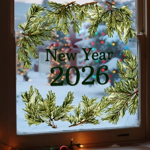 Dettaglio adesivo statico per finestre con ghirlanda di pini e scritte New Year 2026