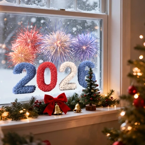 Detail of 2026 New Year firework window decals with brushed velvet texture on snowy glass