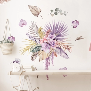 Bohemian watercolor floral wall stickers with orchid and palm leaf for home decoration