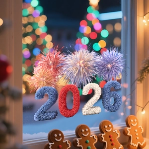Detailed view of 2026 New Year window clings with textured fireworks and numeric design