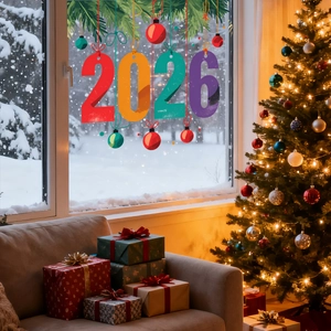 Dettaglio dell'adesivo per finestre 2026 con rami di pino e ornamenti decorativi colorati
