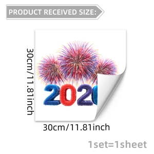 Detailed size chart showing 30x30cm creative firework static window sticker for 2026