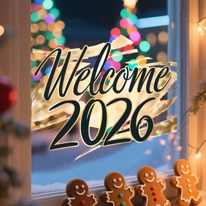 Close-up of Welcome 2026 gold window sticker with festive gingerbread man cookies