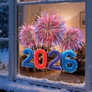 Detailed view of 3D textured 2026 New Year firework window clings on a glass pane