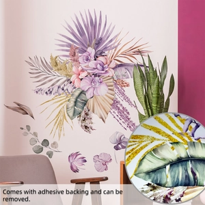 Detail of bohemian tropical floral wall decals with gold glitter and adhesive backing