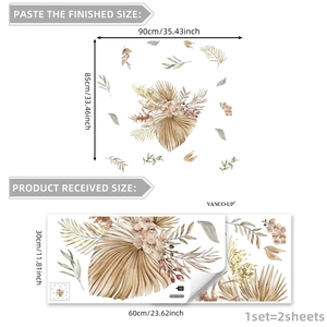Bohemian floral wall stickers in beige watercolor style for living room decor