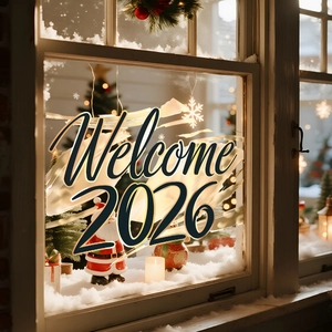 Golden Welcome 2026 window static sticker with festive holiday interior decoration background