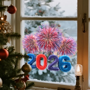Detail of 2026 New Year firework window decals with cozy winter interior and festive lights
