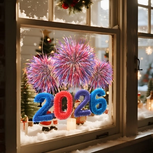 Detail of 2026 textured numbers and colorful firework window decals for New Year decor