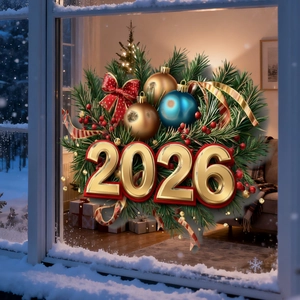 Dettaglio dell'adesivo per finestre Capodanno 2026 con scritte dorate e rami di pino