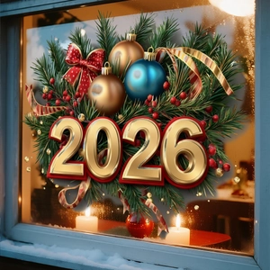 Dettaglio dell'adesivo per finestre 2026 con numeri dorati e decorazioni di pino