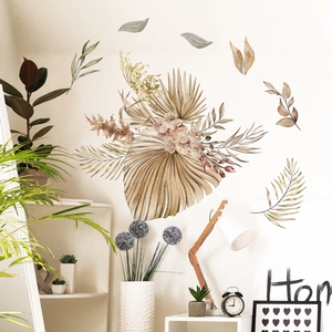 Bohemian style wall decals with dried tropical flowers and palm leaves for home decor