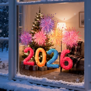 2026 New Year firework window clings displayed on glass with cozy home interior background