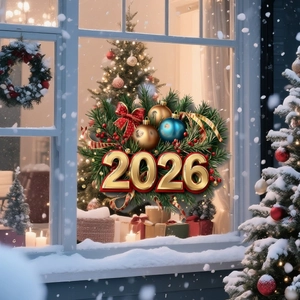 Dettaglio adesivo per vetrina festivo 2026 con numeri dorati e decori floreali