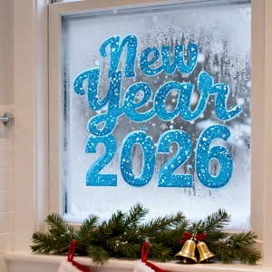 Blue New Year 2026 window decal with snowflake pattern on a frosty glass surface