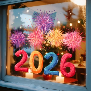 Detailed view of vibrant 2026 New Year fireworks window decals with 3D texture effect