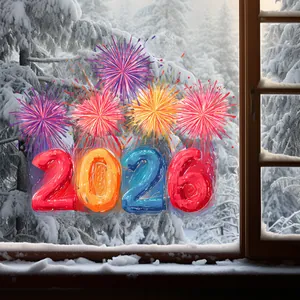 Detail of 2026 New Year static firework window clings on glass with snow forest backdrop