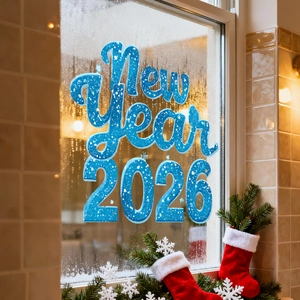 Blue 2026 New Year static window decal with snowflakes and cozy indoor festive decor
