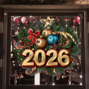 Dettaglio adesivo statico per finestre 2026 con scritte dorate e decori natalizi