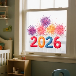 Vibrant 2026 fireworks static window cling shown on bright indoor glass surface