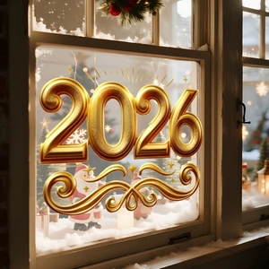 Golden 2026 numeric static window sticker on snowy glass with festive holiday background