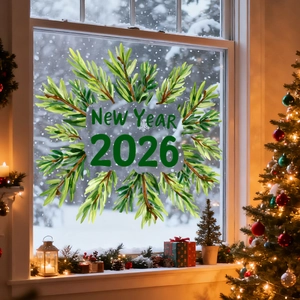 Dettaglio dell'adesivo statico Capodanno 2026 con ghirlanda di pino e neve