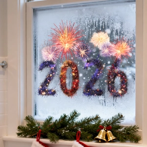 Close-up of 2026 firework window sticker with stars for festive home decoration