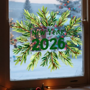 Dettaglio adesivo per finestre Capodanno 2026 con illustrazione di aghi di pino verde