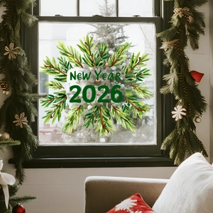 Dettaglio dell'adesivo statico per finestre Capodanno 2026 con ghirlanda di aghi di pino