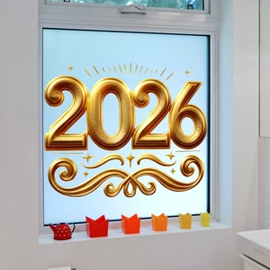 Close-up of golden 3D 2026 static window cling sticker with elegant floral scroll patterns