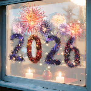 Detail of 2026 New Year firework window clings with glitter texture on snowy window