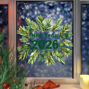 Dettaglio dell'adesivo per finestra con ghirlanda floreale Capodanno 2026 su vetro